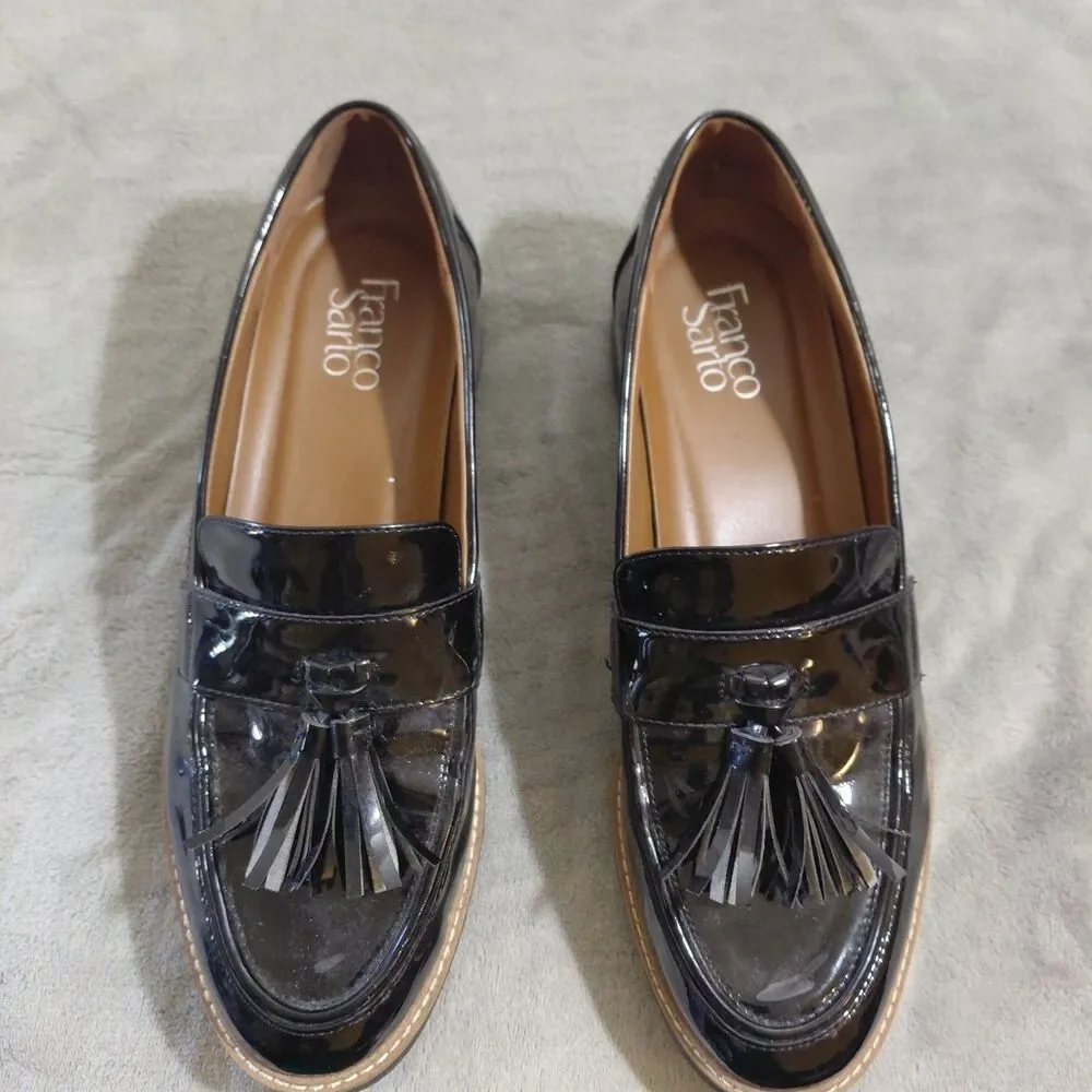Franco Sarto Carolynn Tassel Loafers Womens 10M Patent Black Almond Toe Slip On